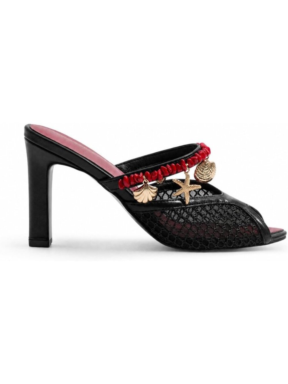 🆕 Women's Black Mesh High Heel Mules Starfish Charm Red Beaded Slide Sandals